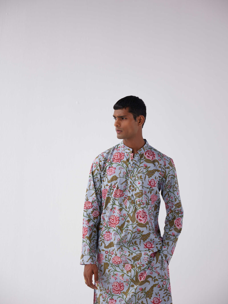 BLUE FLORAL COTTON KURTA