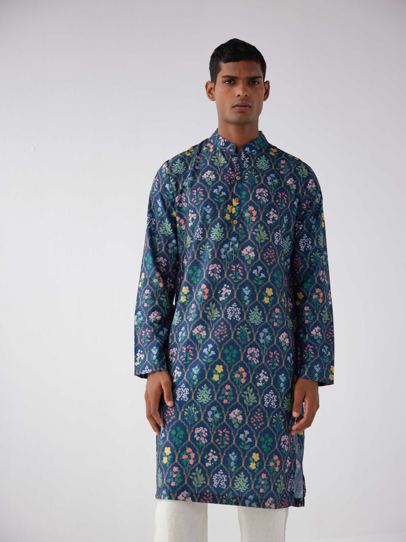 NAVY FLORAL MUGHAL KURTA