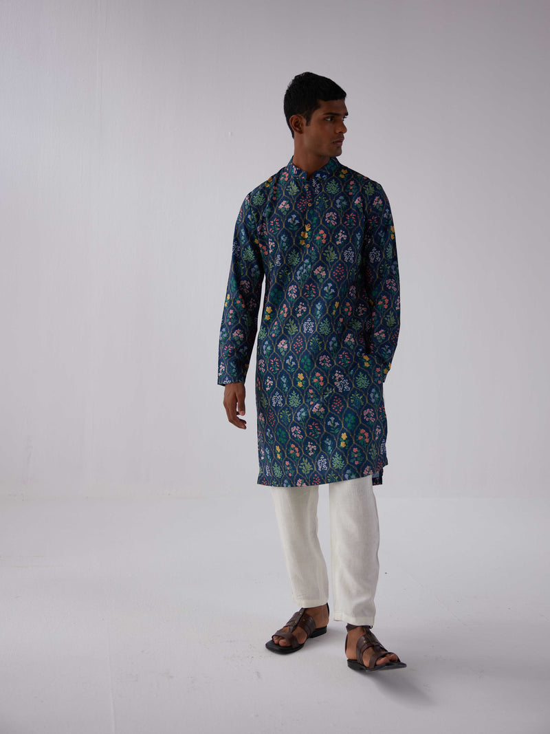 NAVY FLORAL MUGHAL KURTA