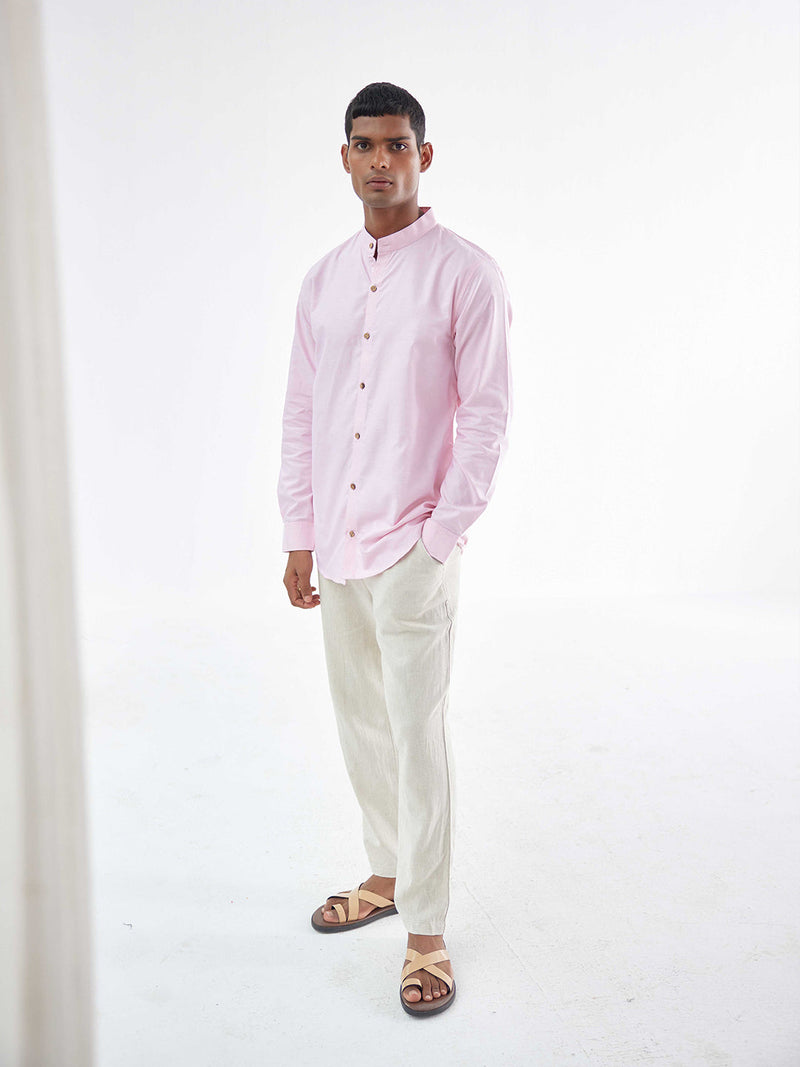 PINK LINEN CHINESE COLLAR SHIRT